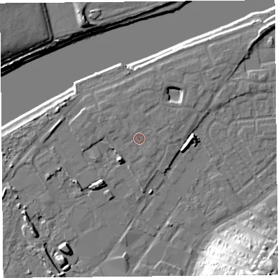 Shaded relief map of the ground around LA15TY, computed from Environment Agency LiDAR. The ground here sits at about 8 m above sea level and falls 30 m across the surrounding 800 m. Surface water reaching this point runs off ground lying to the north, 0.8 m higher.