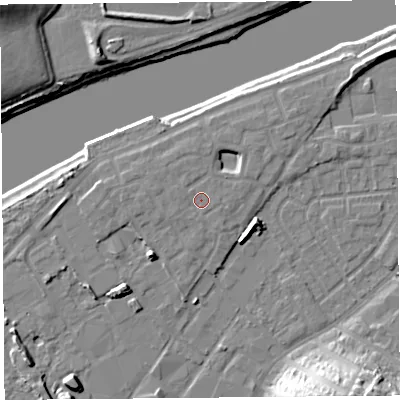 Shaded relief map of the ground around LA15TZ, computed from Environment Agency LiDAR. The ground here sits at about 8 m above sea level and falls 20 m across the surrounding 800 m. Surface water reaching this point runs off ground lying to the west-south-west, 0.7 m higher.