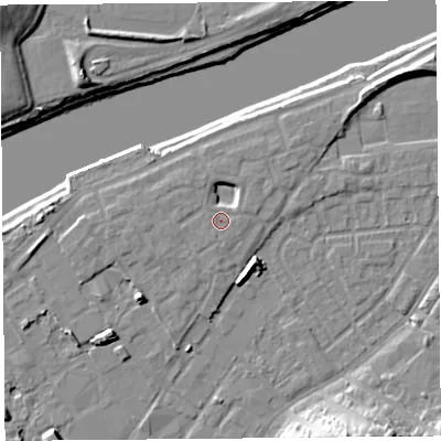 Shaded relief map of the ground around LA15US, computed from Environment Agency LiDAR. The ground here sits at about 8 m above sea level and falls 16 m across the surrounding 800 m. Surface water reaching this point runs off ground lying to the west, 3.0 m higher.