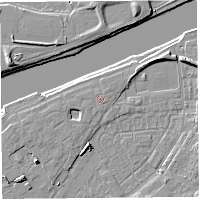 Shaded relief map of the ground around LA15UY, computed from Environment Agency LiDAR. The ground here sits at about 8 m above sea level and falls 10 m across the surrounding 800 m. Surface water reaching this point runs off ground lying to the north-east, 0.5 m higher.