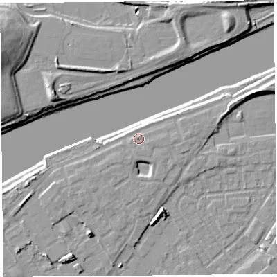 Shaded relief map of the ground around LA15UZ, computed from Environment Agency LiDAR. The ground here sits at about 7 m above sea level and falls 14 m across the surrounding 800 m. Surface water reaching this point runs off ground lying to the east, 1.2 m higher.
