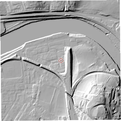 Shaded relief map of the ground around LA15WB, computed from Environment Agency LiDAR. The ground here sits at about 9 m above sea level and falls 38 m across the surrounding 800 m. Surface water reaching this point runs off ground lying to the south, 8.4 m higher.