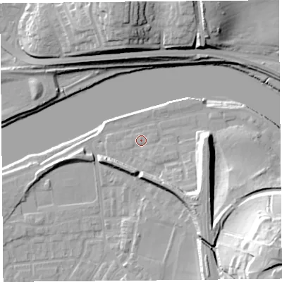 Shaded relief map of the ground around LA15WD, computed from Environment Agency LiDAR. The ground here sits at about 7 m above sea level and falls 38 m across the surrounding 800 m. Surface water reaching this point runs off ground lying to the south-south-east, 6.4 m higher.