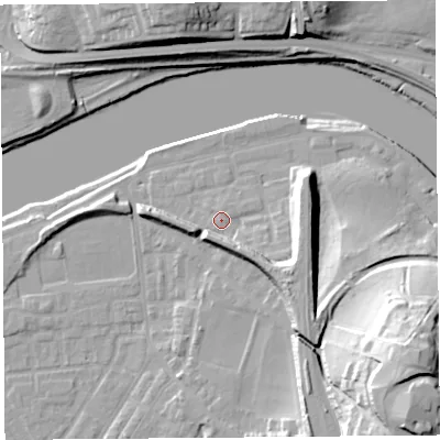 Shaded relief map of the ground around LA15WE, computed from Environment Agency LiDAR. The ground here sits at about 8 m above sea level and falls 38 m across the surrounding 800 m. Surface water reaching this point runs off ground lying to the south-south-east, 6.7 m higher.