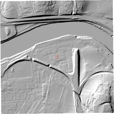Shaded relief map of the ground around LA15WF, computed from Environment Agency LiDAR. The ground here sits at about 8 m above sea level and falls 38 m across the surrounding 800 m. Surface water reaching this point runs off ground lying to the south-south-west, 1.2 m higher.