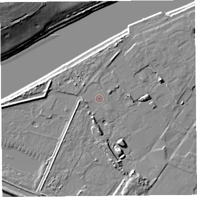 Shaded relief map of the ground around LA15XW, computed from Environment Agency LiDAR. The ground here sits at about 7 m above sea level and falls 27 m across the surrounding 800 m. Surface water reaching this point runs off ground lying to the south-south-west, 2.5 m higher.