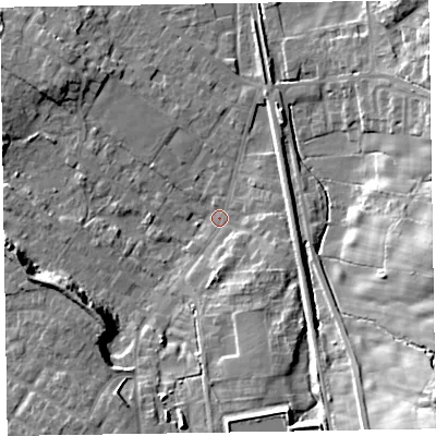 Shaded relief map of the ground around LA167AD, computed from Environment Agency LiDAR. The ground here sits at about 11 m above sea level and falls 24 m across the surrounding 800 m. Surface water reaching this point runs off ground lying to the south-west, 13.1 m higher.