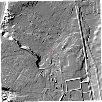 Shaded relief map of the ground around LA167AE, computed from Environment Agency LiDAR. The ground here sits at about 11 m above sea level and falls 25 m across the surrounding 800 m. Surface water reaching this point runs off ground lying to the south, 13.4 m higher.