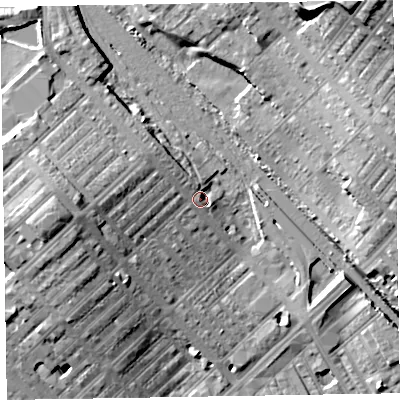 Shaded relief map of the ground around LA167AN, computed from Environment Agency LiDAR. The ground here sits at about 14 m above sea level and falls 23 m across the surrounding 800 m. Surface water reaching this point runs off ground lying to the west, 10.3 m higher.