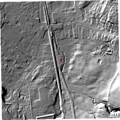 Shaded relief map of the ground around LA167AP, computed from Environment Agency LiDAR. The ground here sits at about 13 m above sea level and falls 35 m across the surrounding 800 m. Surface water reaching this point runs off ground lying to the south, 2.1 m higher.