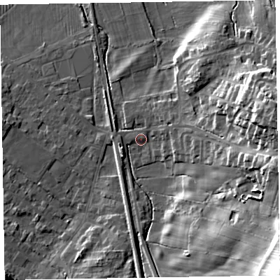 Shaded relief map of the ground around LA167AR, computed from Environment Agency LiDAR. The ground here sits at about 11 m above sea level and falls 36 m across the surrounding 800 m. Surface water reaching this point runs off ground lying to the south-east, 32.7 m higher.