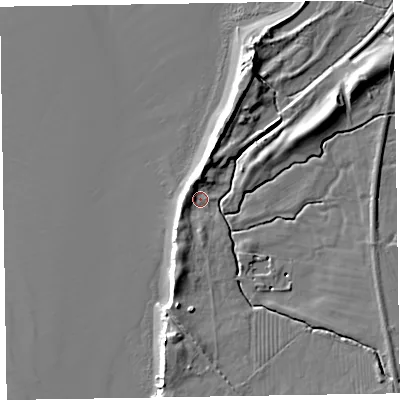 Shaded relief map of the ground around LA167AW, computed from Environment Agency LiDAR. The ground here sits at about 6 m above sea level and falls 11 m across the surrounding 800 m. Surface water reaching this point runs off ground lying to the south, 9.3 m higher.