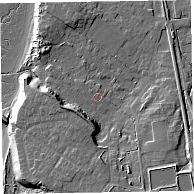 Shaded relief map of the ground around LA167BN, computed from Environment Agency LiDAR. The ground here sits at about 11 m above sea level and falls 20 m across the surrounding 800 m. Surface water reaching this point runs off ground lying to the west-north-west, 1.2 m higher.