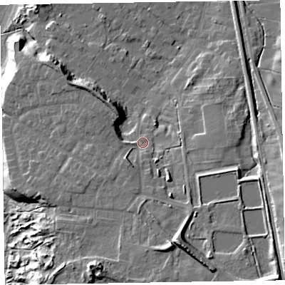 Shaded relief map of the ground around LA167BT, computed from Environment Agency LiDAR. The ground here sits at about 15 m above sea level and falls 24 m across the surrounding 800 m. Surface water reaching this point runs off ground lying to the south-south-east, 12.1 m higher.
