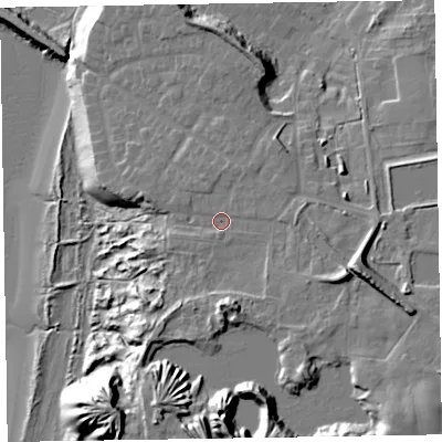 Shaded relief map of the ground around LA167BU, computed from Environment Agency LiDAR. The ground here sits at about 19 m above sea level and falls 29 m across the surrounding 800 m. Surface water reaching this point runs off ground lying to the south, 6.6 m higher.