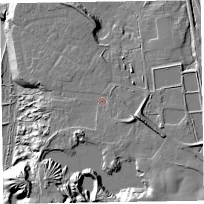 Shaded relief map of the ground around LA167BY, computed from Environment Agency LiDAR. The ground here sits at about 19 m above sea level and falls 33 m across the surrounding 800 m. Surface water reaching this point runs off ground lying to the south-south-east, 2.3 m higher.