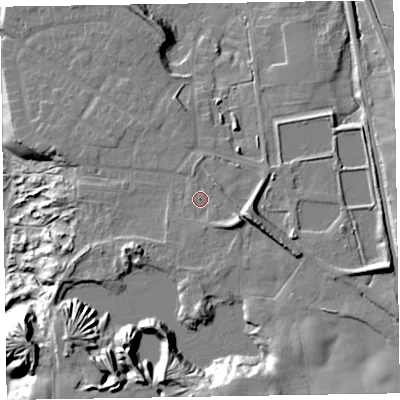 Shaded relief map of the ground around LA167BZ, computed from Environment Agency LiDAR. The ground here sits at about 20 m above sea level and falls 32 m across the surrounding 800 m. Surface water reaching this point runs off ground lying to the south-south-east, 17.1 m higher.