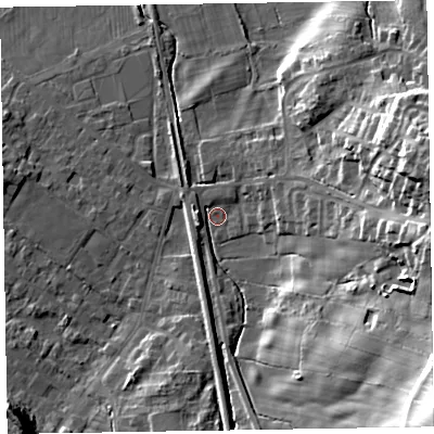 Shaded relief map of the ground around LA167DE, computed from Environment Agency LiDAR. The ground here sits at about 10 m above sea level and falls 34 m across the surrounding 800 m. Surface water reaching this point runs off ground lying to the south-east, 31.3 m higher.