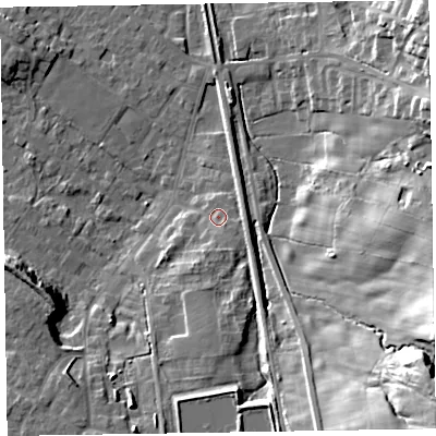 Shaded relief map of the ground around LA167DG, computed from Environment Agency LiDAR. The ground here sits at about 14 m above sea level and falls 29 m across the surrounding 800 m. Surface water reaching this point runs off ground lying to the south, 2.5 m higher.