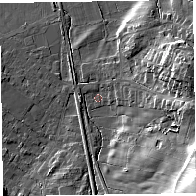 Shaded relief map of the ground around LA167DH, computed from Environment Agency LiDAR. The ground here sits at about 10 m above sea level and falls 39 m across the surrounding 800 m. Surface water reaching this point runs off ground lying to the south-east, 35.9 m higher.