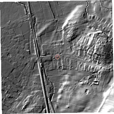 Shaded relief map of the ground around LA167DJ, computed from Environment Agency LiDAR. The ground here sits at about 13 m above sea level and falls 42 m across the surrounding 800 m. Surface water reaching this point runs off ground lying to the east, 4.5 m higher.