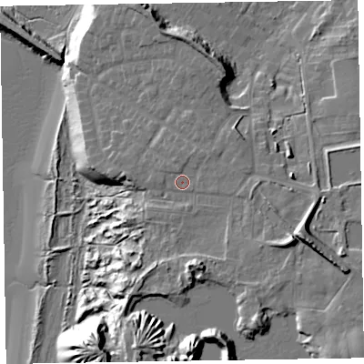 Shaded relief map of the ground around LA167DQ, computed from Environment Agency LiDAR. The ground here sits at about 19 m above sea level and falls 29 m across the surrounding 800 m. Surface water reaching this point runs off ground lying to the south, 6.6 m higher.