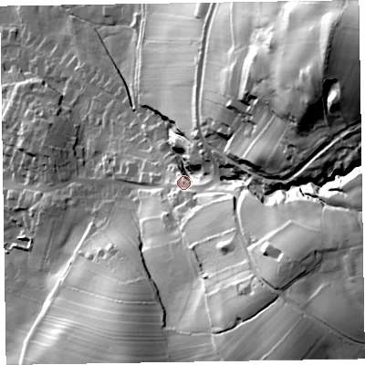 Shaded relief map of the ground around LA167DS, computed from Environment Agency LiDAR. The ground here sits at about 47 m above sea level and falls 114 m across the surrounding 800 m. Surface water reaching this point runs off ground lying to the north-east, 89.4 m higher.
