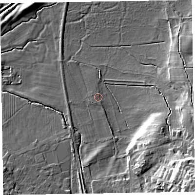 Shaded relief map of the ground around LA167DX, computed from Environment Agency LiDAR. The ground here sits at about 8 m above sea level and falls 30 m across the surrounding 800 m. Surface water reaching this point runs off ground lying to the west-north-west, 1.0 m higher.