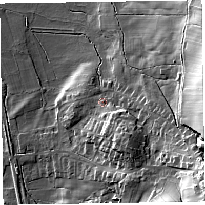 Shaded relief map of the ground around LA167DZ, computed from Environment Agency LiDAR. The ground here sits at about 19 m above sea level and falls 48 m across the surrounding 800 m. Surface water reaching this point runs off ground lying to the south-east, 8.2 m higher.