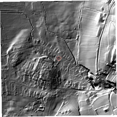Shaded relief map of the ground around LA167EA, computed from Environment Agency LiDAR. The ground here sits at about 24 m above sea level and falls 82 m across the surrounding 800 m. Surface water reaching this point runs off ground lying to the east, 66.2 m higher.