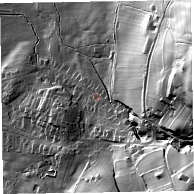 Shaded relief map of the ground around LA167EB, computed from Environment Agency LiDAR. The ground here sits at about 27 m above sea level and falls 96 m across the surrounding 800 m. Surface water reaching this point runs off ground lying to the east, 77.2 m higher.