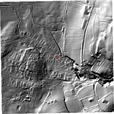 Shaded relief map of the ground around LA167ED, computed from Environment Agency LiDAR. The ground here sits at about 28 m above sea level and falls 99 m across the surrounding 800 m. Surface water reaching this point runs off ground lying to the east-north-east, 79.0 m higher.
