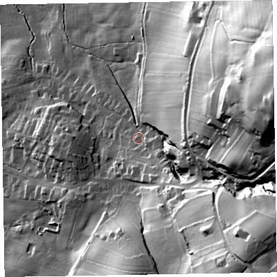 Shaded relief map of the ground around LA167EE, computed from Environment Agency LiDAR. The ground here sits at about 31 m above sea level and falls 105 m across the surrounding 800 m. Surface water reaching this point runs off ground lying to the east-north-east, 84.5 m higher.