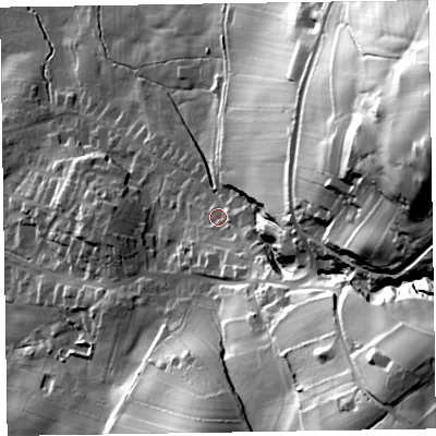 Shaded relief map of the ground around LA167EF, computed from Environment Agency LiDAR. The ground here sits at about 31 m above sea level and falls 106 m across the surrounding 800 m. Surface water reaching this point runs off ground lying to the east-south-east, 6.8 m higher.
