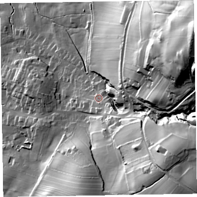 Shaded relief map of the ground around LA167EG, computed from Environment Agency LiDAR. The ground here sits at about 36 m above sea level and falls 112 m across the surrounding 800 m. Surface water reaching this point runs off ground lying to the south-east, 13.4 m higher.