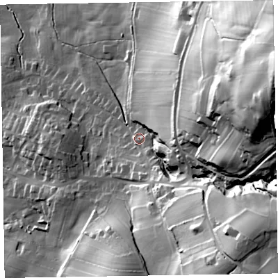 Shaded relief map of the ground around LA167EH, computed from Environment Agency LiDAR. The ground here sits at about 34 m above sea level and falls 113 m across the surrounding 800 m. Surface water reaching this point runs off ground lying to the south-south-east, 6.0 m higher.