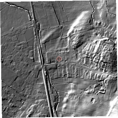Shaded relief map of the ground around LA167EN, computed from Environment Agency LiDAR. The ground here sits at about 12 m above sea level and falls 36 m across the surrounding 800 m. Surface water reaching this point runs off ground lying to the east-south-east, 2.3 m higher.