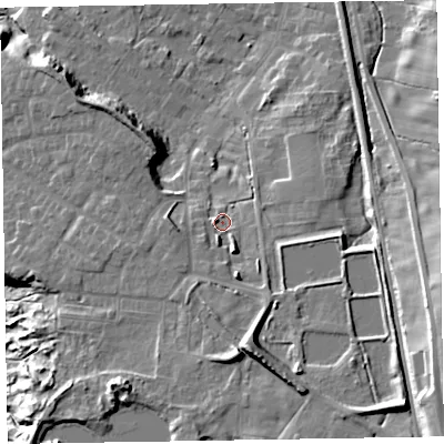 Shaded relief map of the ground around LA167FL, computed from Environment Agency LiDAR. The ground here sits at about 16 m above sea level and falls 25 m across the surrounding 800 m. Surface water reaching this point runs off ground lying to the south-south-east, 9.5 m higher.