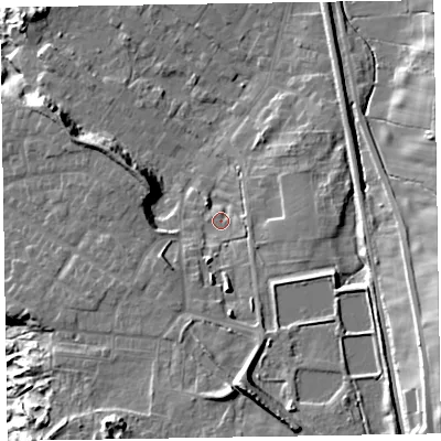 Shaded relief map of the ground around LA167FN, computed from Environment Agency LiDAR. The ground here sits at about 14 m above sea level and falls 27 m across the surrounding 800 m. Surface water reaching this point runs off ground lying to the east-south-east, 3.3 m higher.