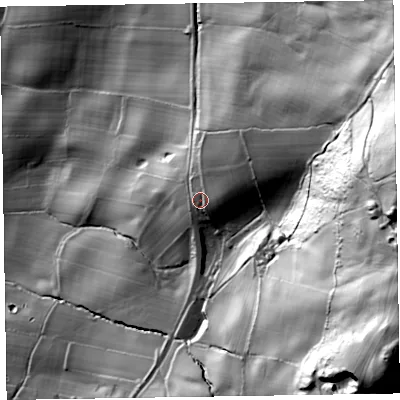 Shaded relief map of the ground around LA167HA, computed from Environment Agency LiDAR. The ground here sits at about 70 m above sea level and falls 175 m across the surrounding 800 m. Surface water reaching this point runs off ground lying to the east, 8.9 m higher.