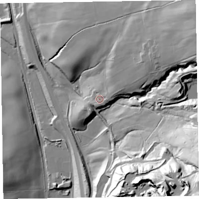Shaded relief map of the ground around LA167HE, computed from Environment Agency LiDAR. The ground here sits at about 47 m above sea level and falls 110 m across the surrounding 800 m. Surface water reaching this point runs off ground lying to the east-north-east, 5.7 m higher.