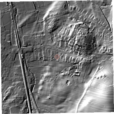 Shaded relief map of the ground around LA167HG, computed from Environment Agency LiDAR. The ground here sits at about 16 m above sea level and falls 54 m across the surrounding 800 m. Surface water reaching this point runs off ground lying to the east, 14.1 m higher.