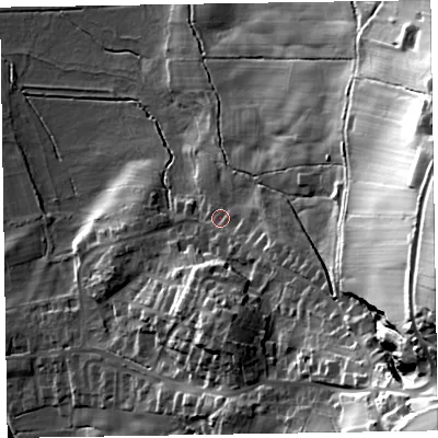 Shaded relief map of the ground around LA167HJ, computed from Environment Agency LiDAR. The ground here sits at about 18 m above sea level and falls 61 m across the surrounding 800 m. Surface water reaching this point runs off ground lying to the east-south-east, 9.9 m higher.