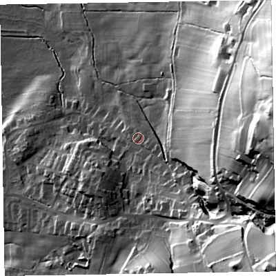 Shaded relief map of the ground around LA167HL, computed from Environment Agency LiDAR. The ground here sits at about 26 m above sea level and falls 90 m across the surrounding 800 m. Surface water reaching this point runs off ground lying to the east-south-east, 2.6 m higher.