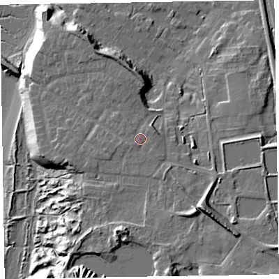 Shaded relief map of the ground around LA167JR, computed from Environment Agency LiDAR. The ground here sits at about 19 m above sea level and falls 23 m across the surrounding 800 m. Surface water reaching this point runs off ground lying to the east-north-east, 0.9 m higher.