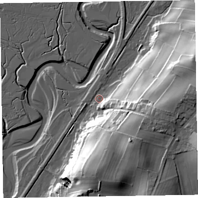 Shaded relief map of the ground around LA177TA, computed from Environment Agency LiDAR. The ground here sits at about 6 m above sea level and falls 40 m across the surrounding 800 m. Surface water reaching this point runs off ground lying to the south, 35.0 m higher.