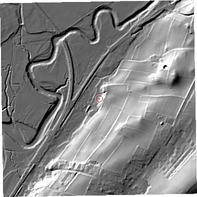 Shaded relief map of the ground around LA177TB, computed from Environment Agency LiDAR. The ground here sits at about 6 m above sea level and falls 61 m across the surrounding 800 m. Surface water reaching this point runs off ground lying to the east-south-east, 39.6 m higher.