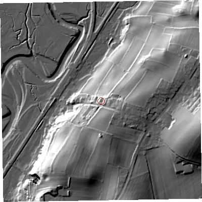 Shaded relief map of the ground around LA177TE, computed from Environment Agency LiDAR. The ground here sits at about 27 m above sea level and falls 57 m across the surrounding 800 m. Surface water reaching this point runs off ground lying to the east-south-east, 12.8 m higher.