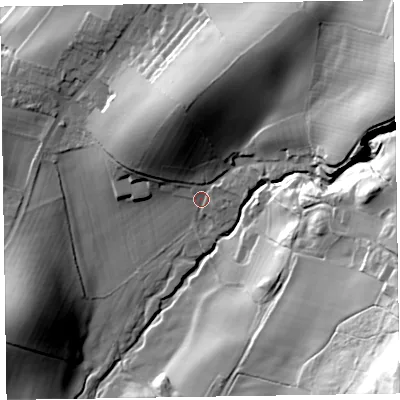 Shaded relief map of the ground around LA177TG, computed from Environment Agency LiDAR. The ground here sits at about 37 m above sea level and falls 82 m across the surrounding 800 m. Surface water reaching this point runs off ground lying to the east-north-east, 44.7 m higher.