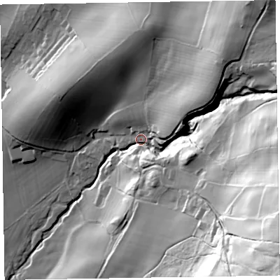 Shaded relief map of the ground around LA177TH, computed from Environment Agency LiDAR. The ground here sits at about 49 m above sea level and falls 113 m across the surrounding 800 m. Surface water reaching this point runs off ground lying to the east-south-east, 70.5 m higher.